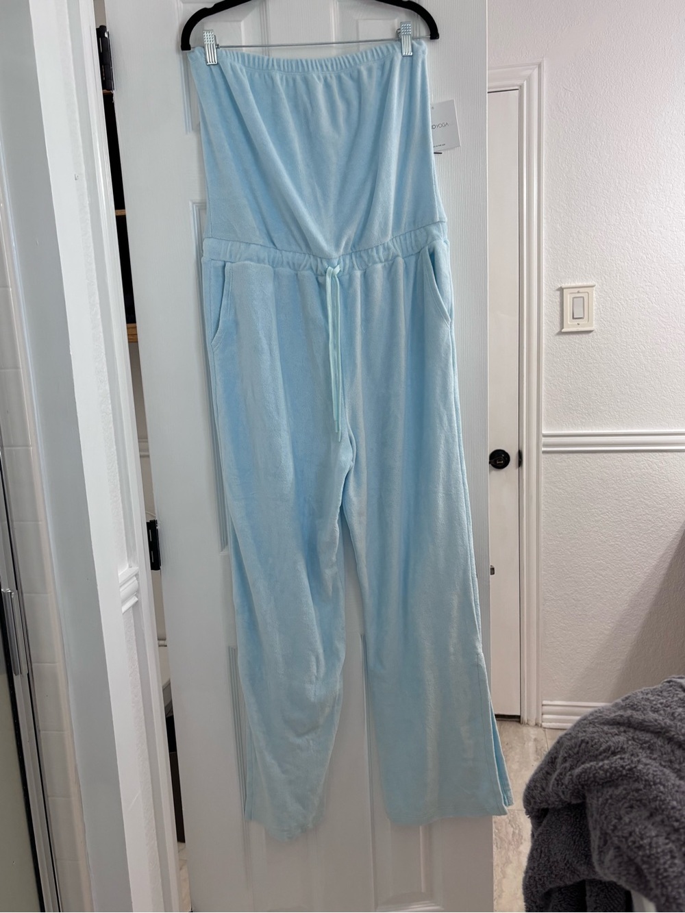 Beyond Yoga Pastel Blue Strapless Wide-Leg Jumpsuit